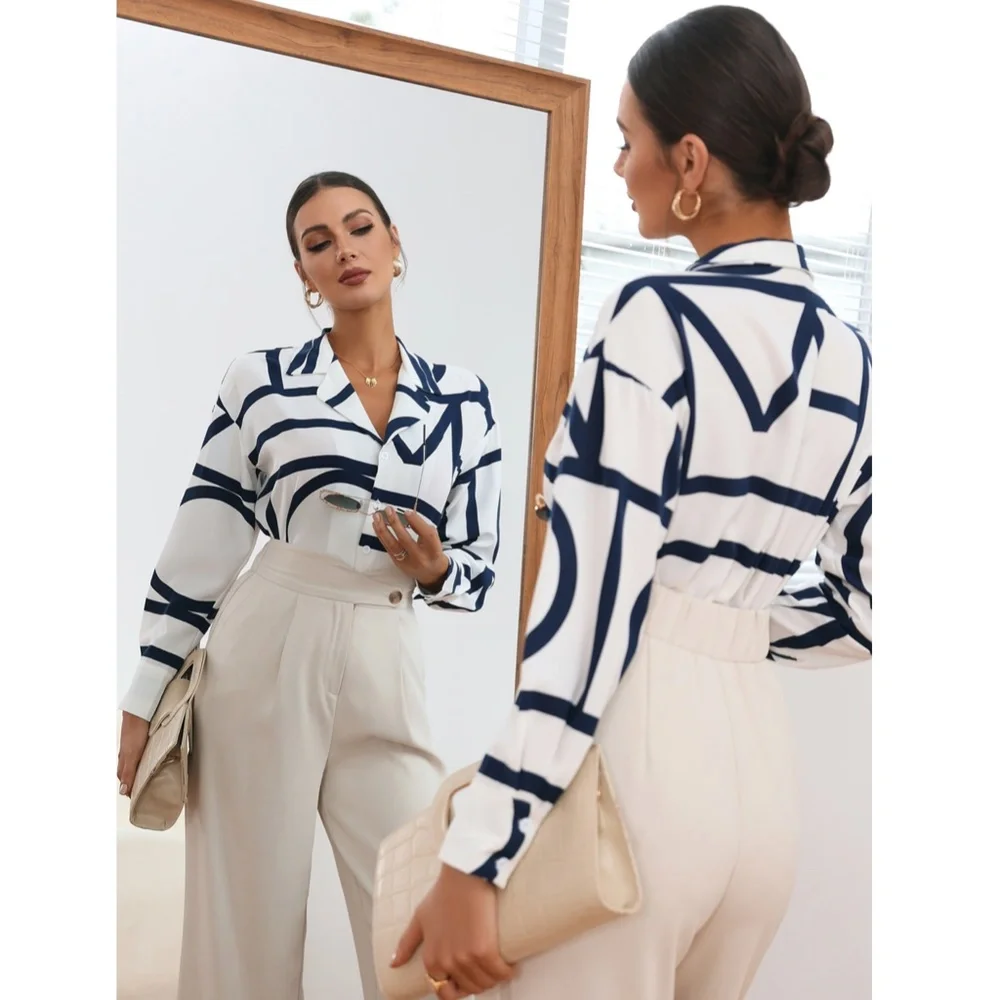 Geometric Print Blouse Buttoned Shirt White - Picture 5 of 9